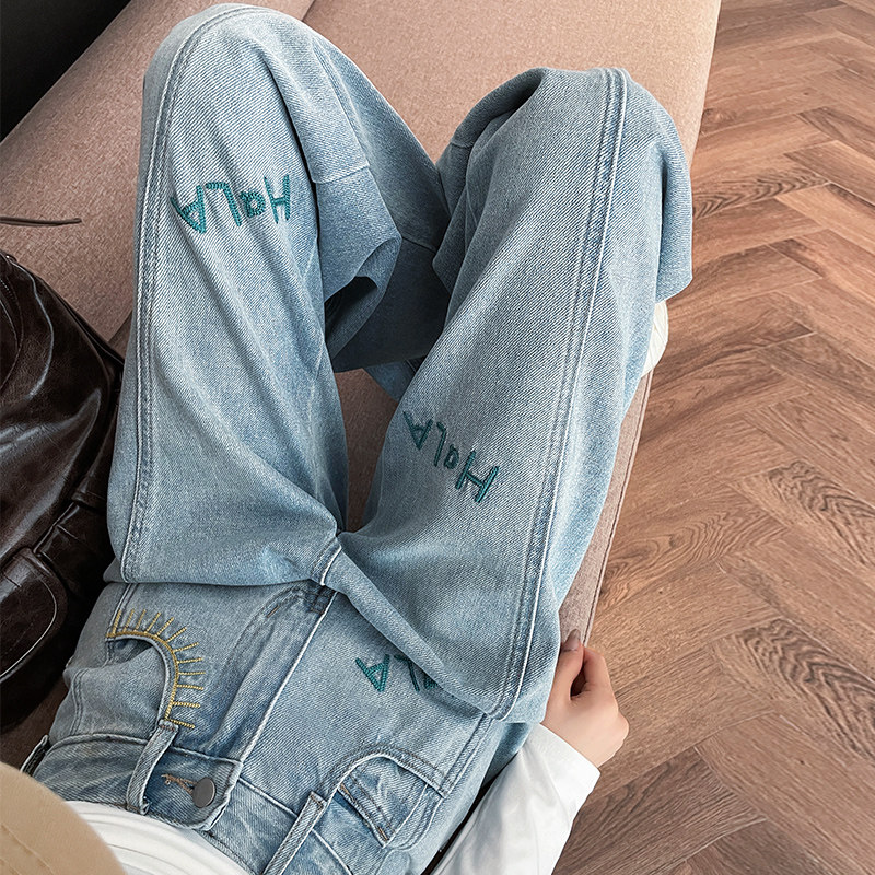 字母刺绣牛仔裤女春秋新款小个子梨形身材高腰显瘦拖地百搭阔腿裤,女装/女士精品,牛仔裤,淘宝优惠券,粉丝福利购,淘宝优惠卷