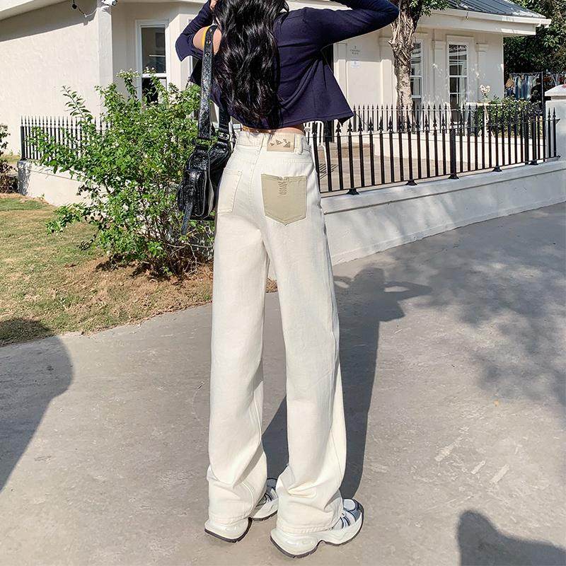 米白色直筒牛仔裤女春秋季新款高腰显瘦宽松设计感阔腿裤长裤刺绣,女装/女士精品,牛仔裤,淘宝优惠券,粉丝福利购,淘宝优惠卷