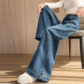 洋气显瘦百搭直筒拖地长裤 重工烫钻阔腿牛仔裤 新款 春秋季 子 女长裤