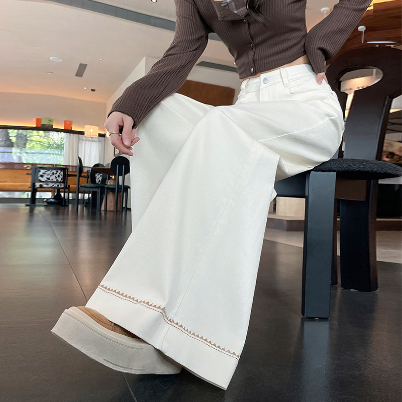 米白色刺绣阔腿牛仔裤女长裤春秋季新款高腰显瘦宽松垂感拖地裤子,女装/女士精品,牛仔裤,淘宝优惠券,粉丝福利购,淘宝优惠卷