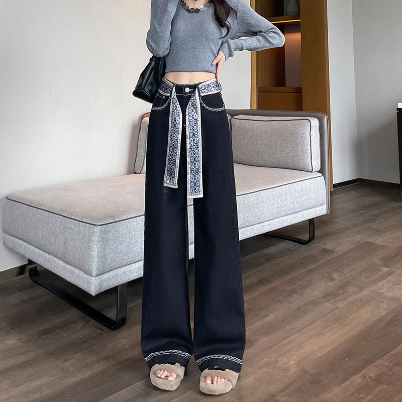 刺绣阔腿牛仔裤女加绒长裤秋冬季新款高腰显瘦弹力不贴腿拖地裤子,女装/女士精品,牛仔裤,淘宝优惠券,粉丝福利购,淘宝优惠卷