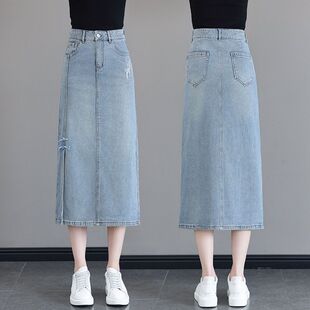 a字盘扣包臀裙子 高腰中长款 2026新款 国风开叉牛仔半身裙女年夏季