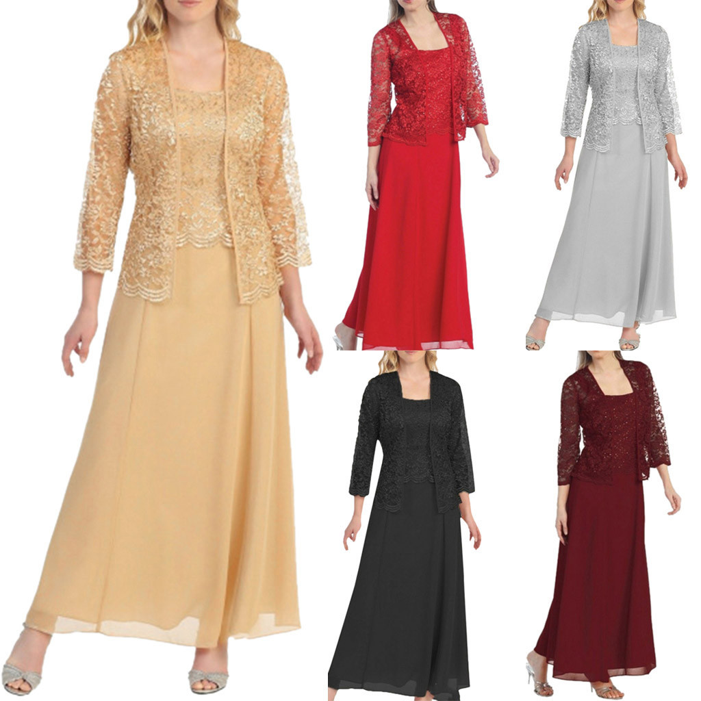 两件套蕾丝罩衫雪纺长裙T