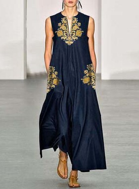 欧洲站大码女装英伦复古深V领印花无袖套头背心连衣裙长裙潮DRESS