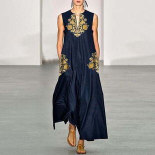 欧洲站大码女装英伦复古深V领印花无袖套头背心连衣裙长裙潮DRESS