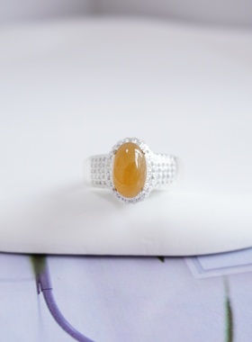 显白又招财淡黄色翡翠蛋面天然无烧缅甸A货镶嵌戒指饰品【1753】