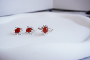 天然无烧冰红翡套组银镶嵌戒指耳钉缅甸A货带权威证书【1857】