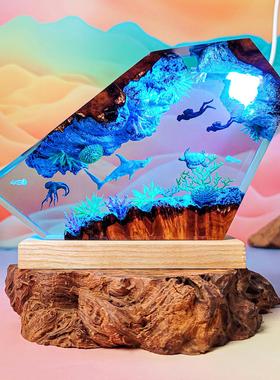 ESTY跨境爆款锤头鲨和章鱼个性化3D海洋主脂灯木质摆件圣诞礼物