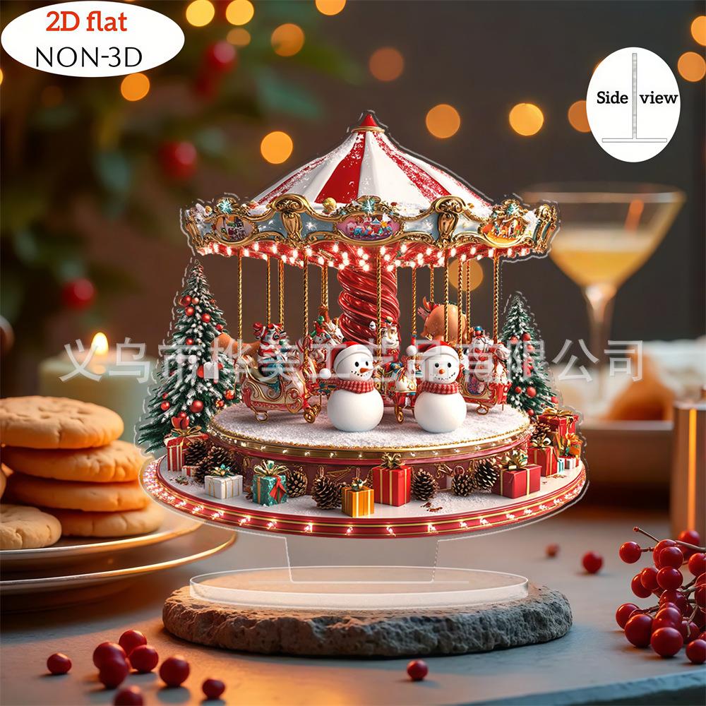 2026跨境新品圣诞节雪人旋转木马热卖系节日氛围2D亚克力桌面摆件
