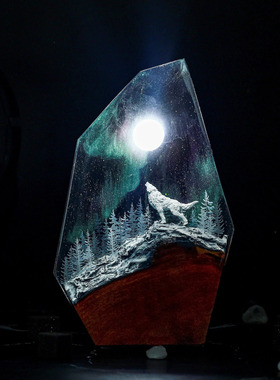 亚马逊爆款北极光雪狼灯环氧树脂灯木质创意个性化礼品