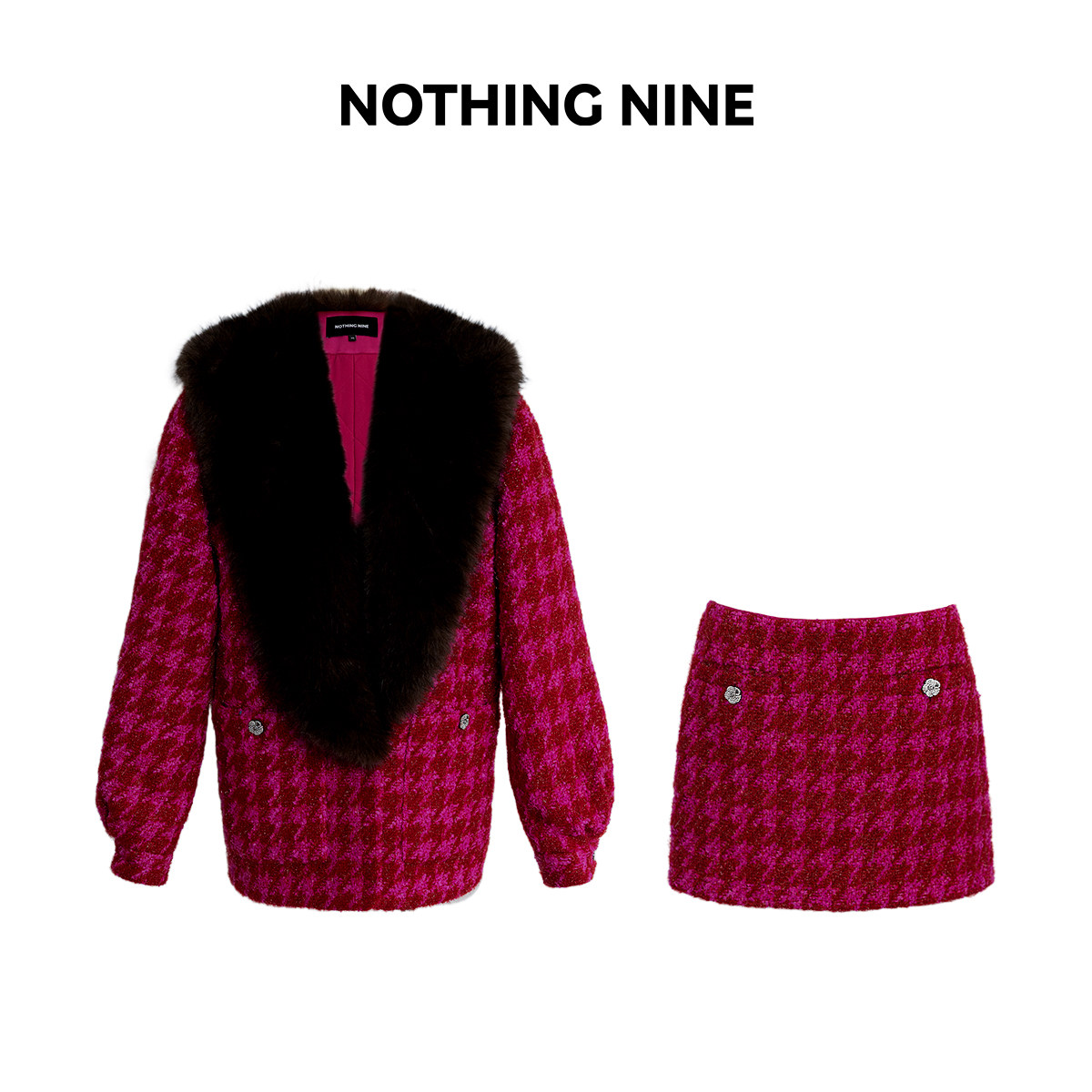 NOTHING NINE 草莓莫吉托千鸟格亮丝粗花呢夹棉环保领外套/半裙