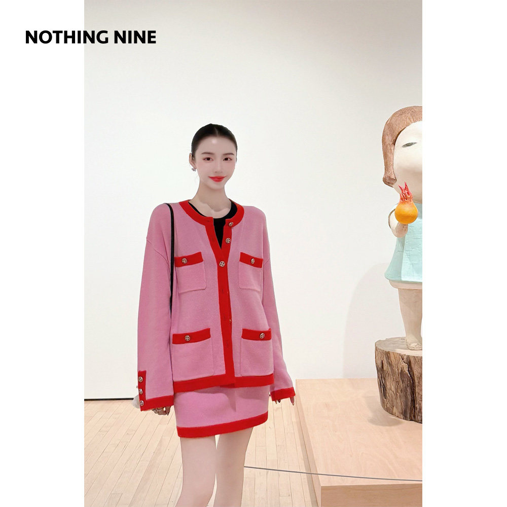 NOTHING NINE 草莓奶昔针织套装开衫/半裙