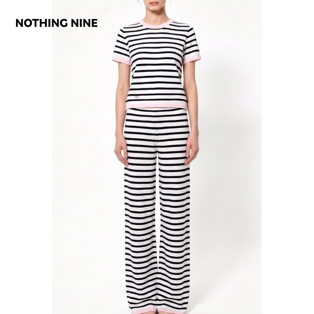 NOTHING NINE 云澜粉襟针织条纹套装上衣/裤子