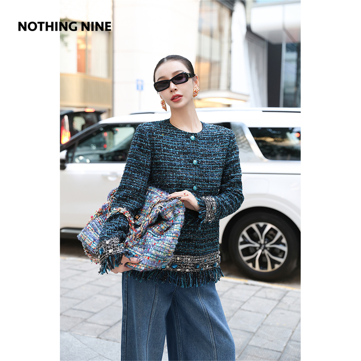 NOTHING NINE 蓝誓粗花呢宝石流苏套装外套/半裙