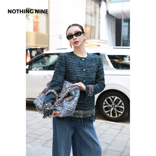 NOTHING NINE  蓝誓粗花呢宝石流苏套装外套/半裙