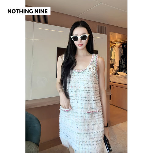 NOTHING NINE 白屿虹粗花呢流苏胸花连衣裙