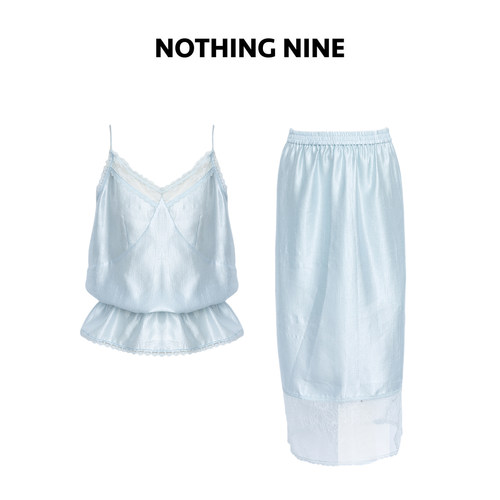 NOTHING NINE  清雾拼接蕾丝醋酸天丝上衣/半裙