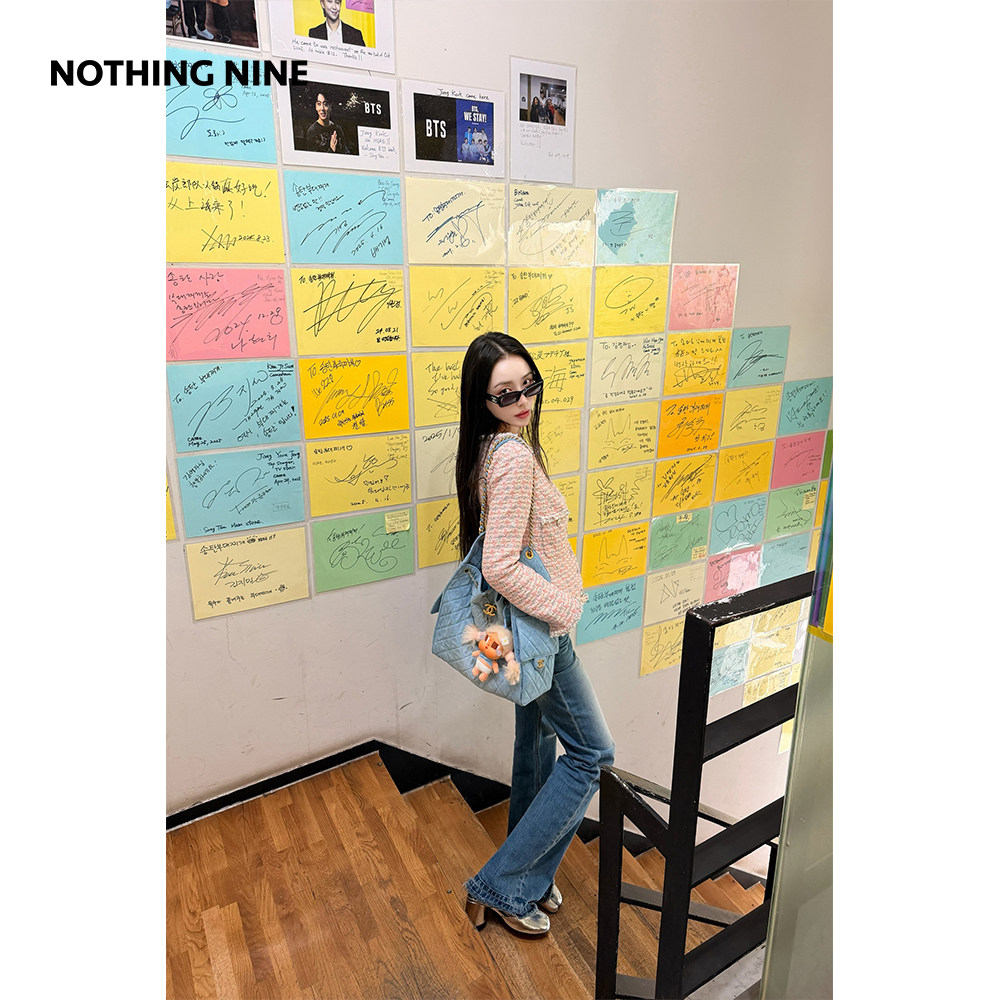 NOTHING NINE  留白丹宁拉毛直筒牛仔裤