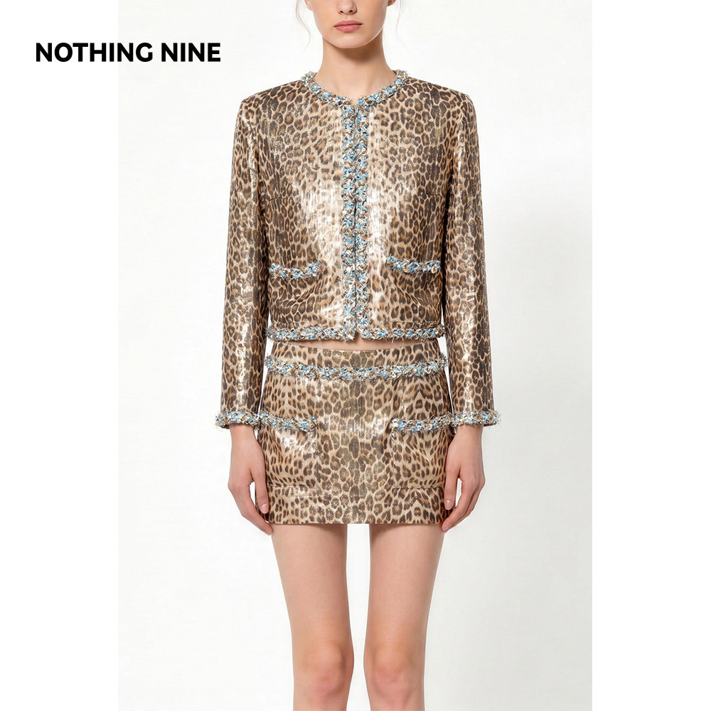 NOTHING NINE 水光琥珀意大利科莫真丝豹纹套装外套/半裙