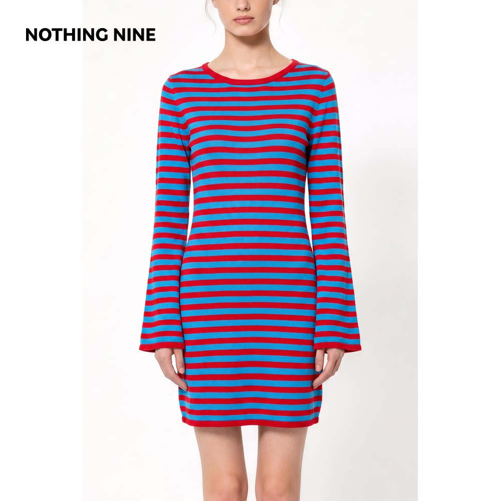 NOTHING NINE 绯澜条纹喇叭袖针织连衣裙