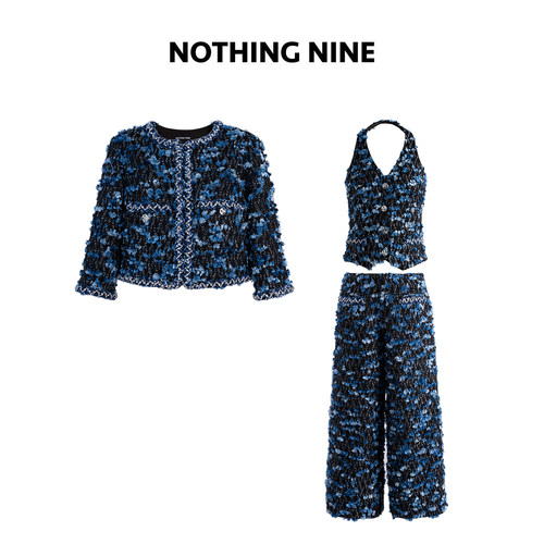 NOTHING NINE  玖絮蓝花粗花呢套装外套/背心/七分裤
