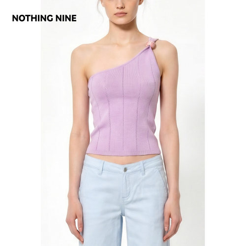 NOTHING NINE 芋色柔边 针织斜肩上衣