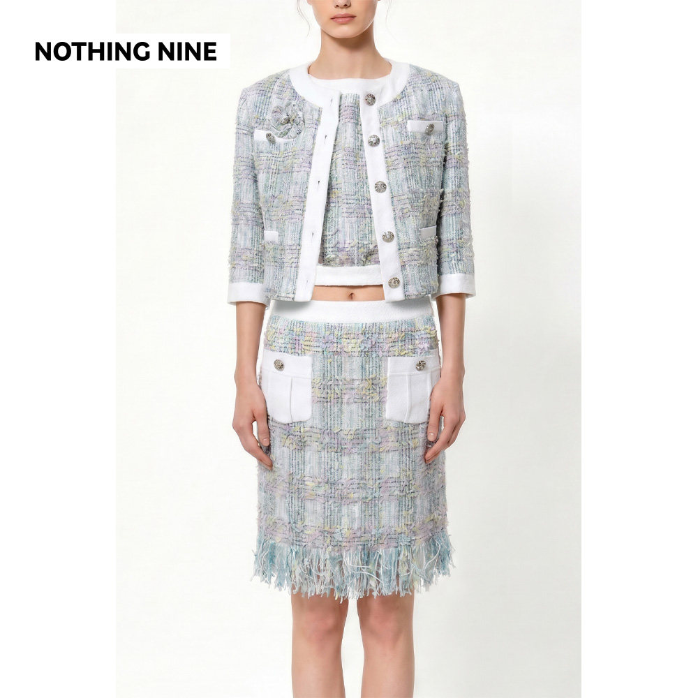 NOTHING NINE 花雾来信拼接粗花呢套装外套/背心/半裙