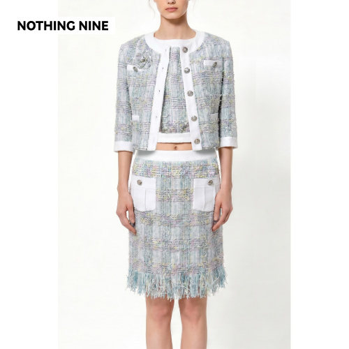 NOTHING NINE 花雾来信拼接粗花呢套装外套/背心/半裙