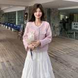 圆领小香风短款女夹棉加厚短外套春季时尚粗花呢气质春秋小个子，女装短外套，浙宝137