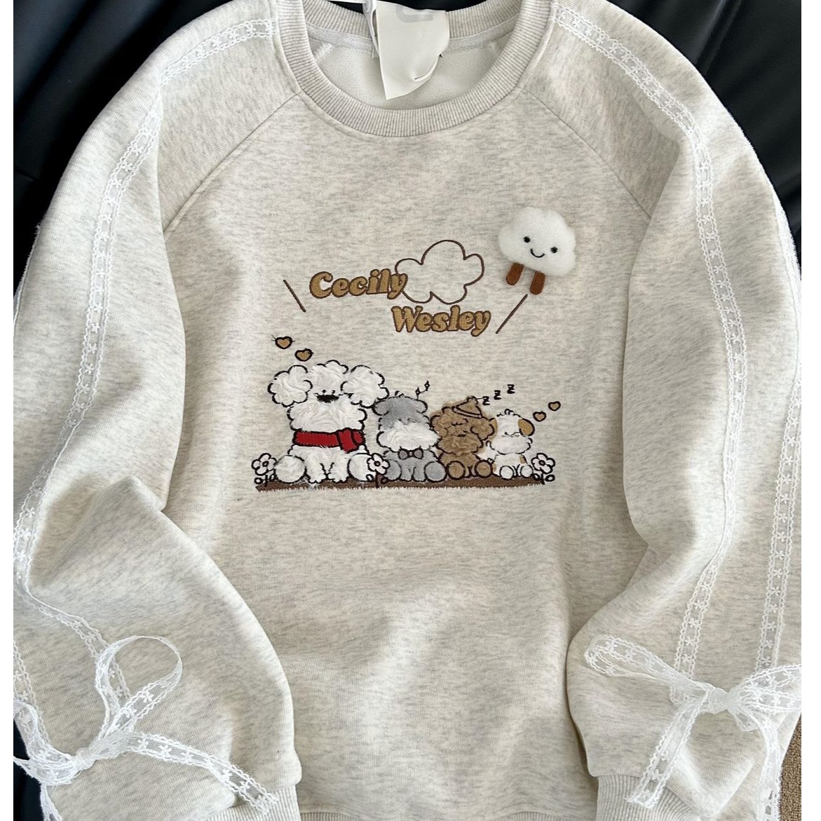 蕾丝设计小狗立体春秋圆领卫衣新款可爱甜美学生休闲宽松外套上衣