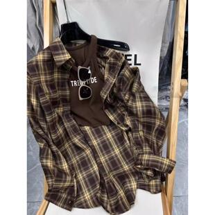 春秋季韩版复古宽松格纹长袖衬衣自带胸垫背心两件套女