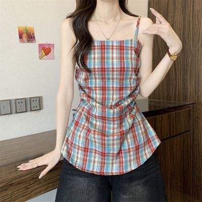 吊带背心女百搭夏季新款爆款泰式多巴胺格子掐腰短款无袖上衣外穿