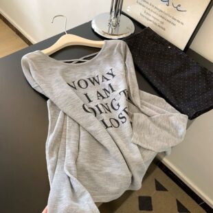 灰色字母印花露背t恤防晒罩衫薄纱长袖薄款上衣女百搭夏季宽松T恤