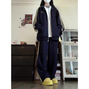 国潮嘻哈休闲运动服套装女秋季美式黑色宽松大码卫衣阔腿裤两件套