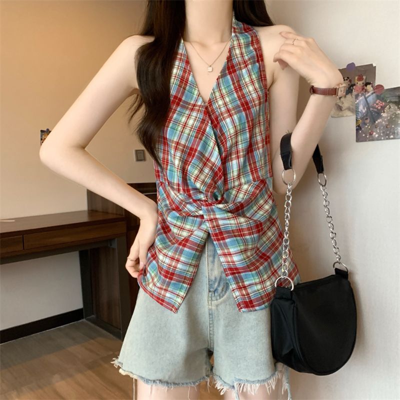 吊带背心女百搭夏季新款爆款V领挂脖扭结格子短款无袖小上衣外穿