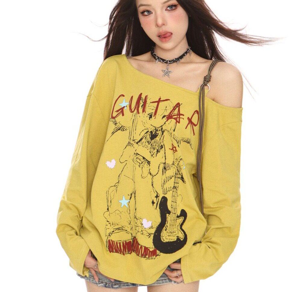 美式甜辣动漫少女露肩长袖T恤女秋季设计感显瘦斜领百搭洋气上衣