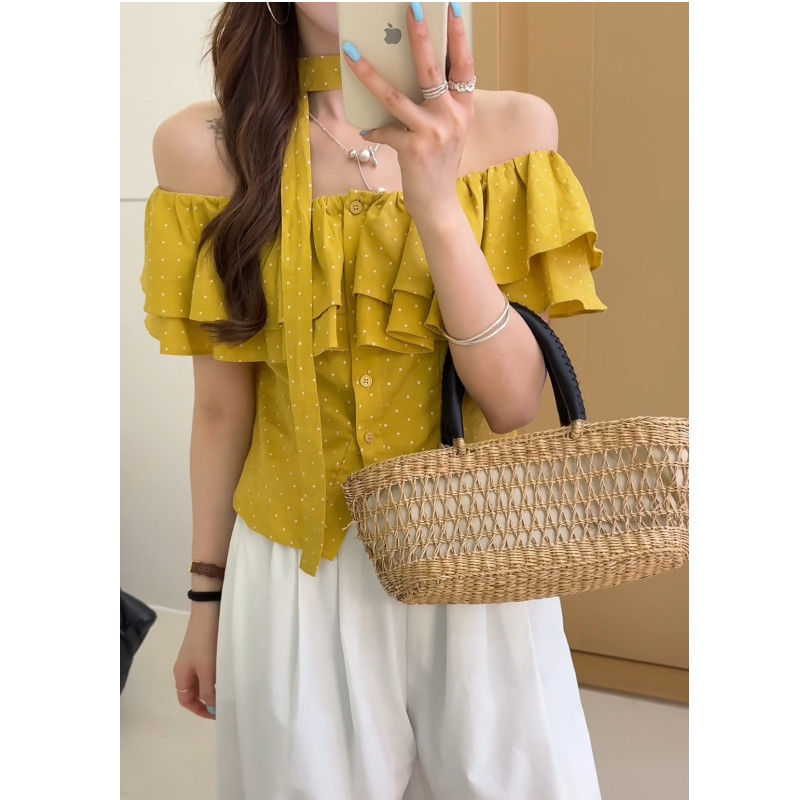 夏季新款锁骨一字肩波点短袖上衣女遮肉显瘦甜美超仙百搭衬衫