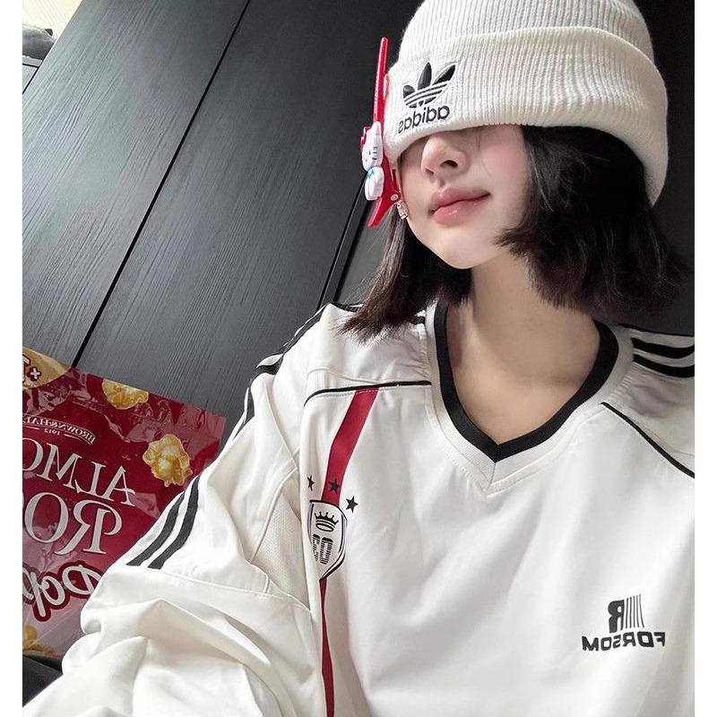 美式复古运动撞色v领长袖t恤女早春季设计感小众休闲宽松球衣上衣