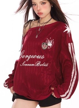 春秋美式斜肩绑带长袖卫衣女秋季运动风辣妹显瘦露肩球衣百搭上衣