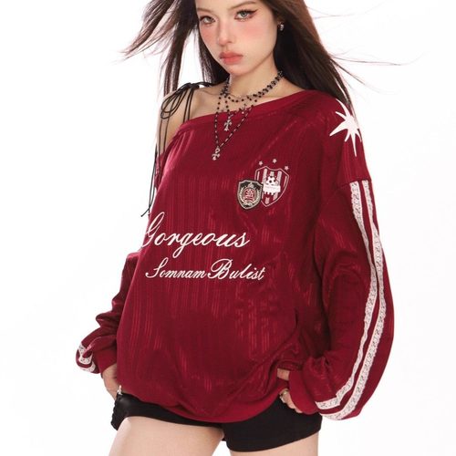 春秋美式斜肩绑带长袖卫衣女秋季运动风辣妹显瘦露肩球衣百搭上衣