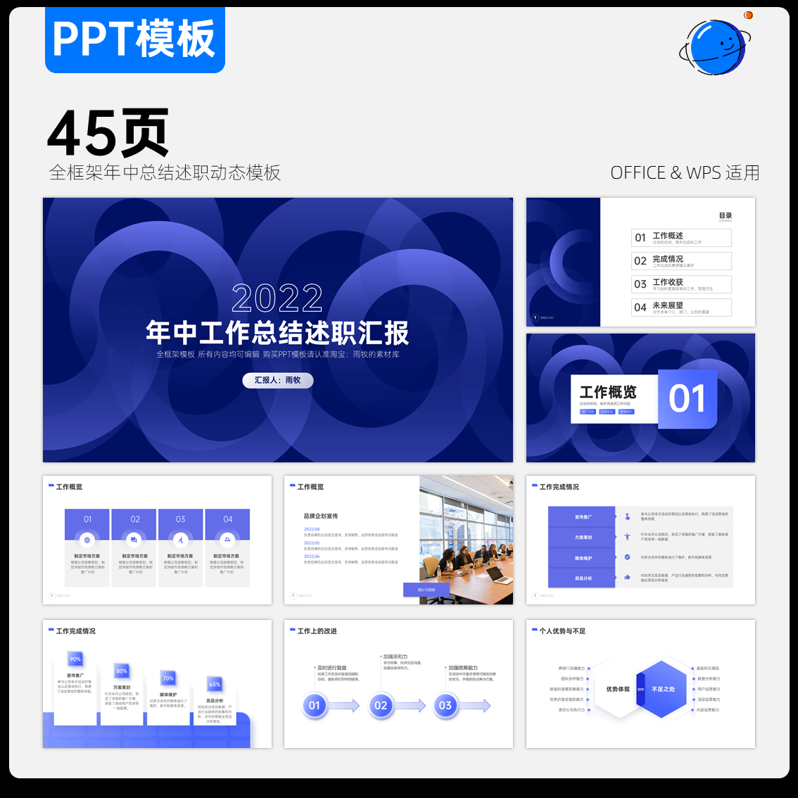 45页克莱因蓝年中总结述职竞聘全框架ppt模板高端排版配色全动态