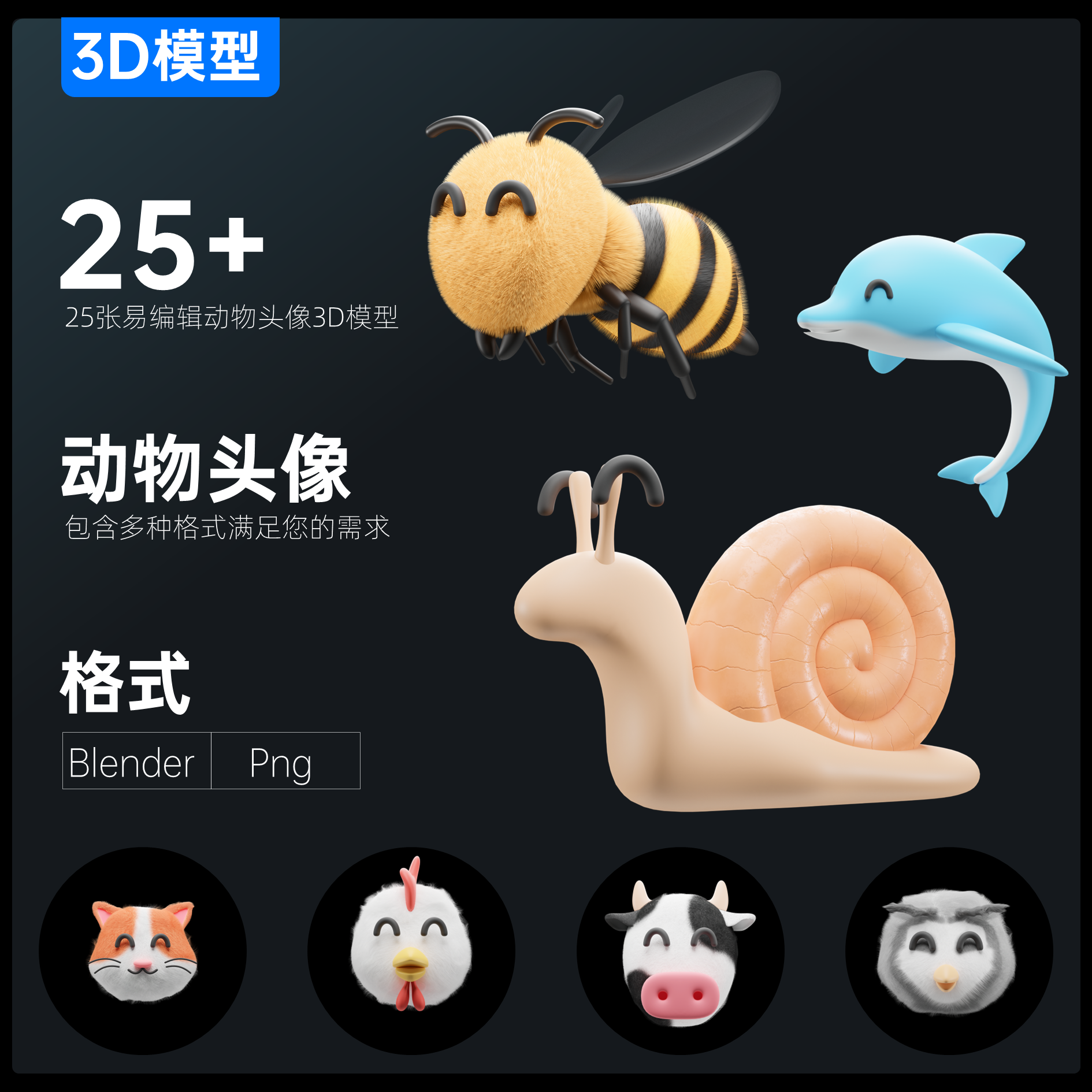 25+动物头像3D模型12生肖卡通角色含Blender\Png格式可随意编辑新
