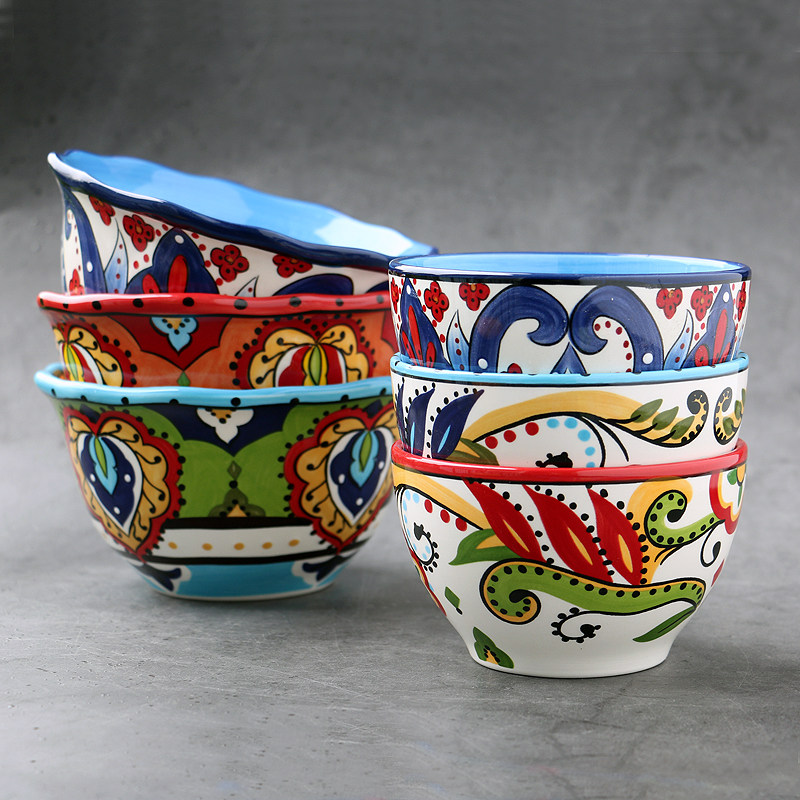 创意手绘彩色陶瓷吃米饭小碗沙拉面碗家用好看网红碗美式插画花卉