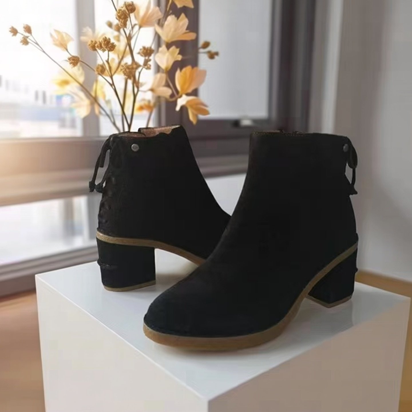 【秀履】U骥秋季后帮皮绳装饰侧拉链粗高跟短筒女靴/足踝靴 7M/37,女鞋,时装靴,淘宝优惠券,粉丝福利购,淘宝优惠卷