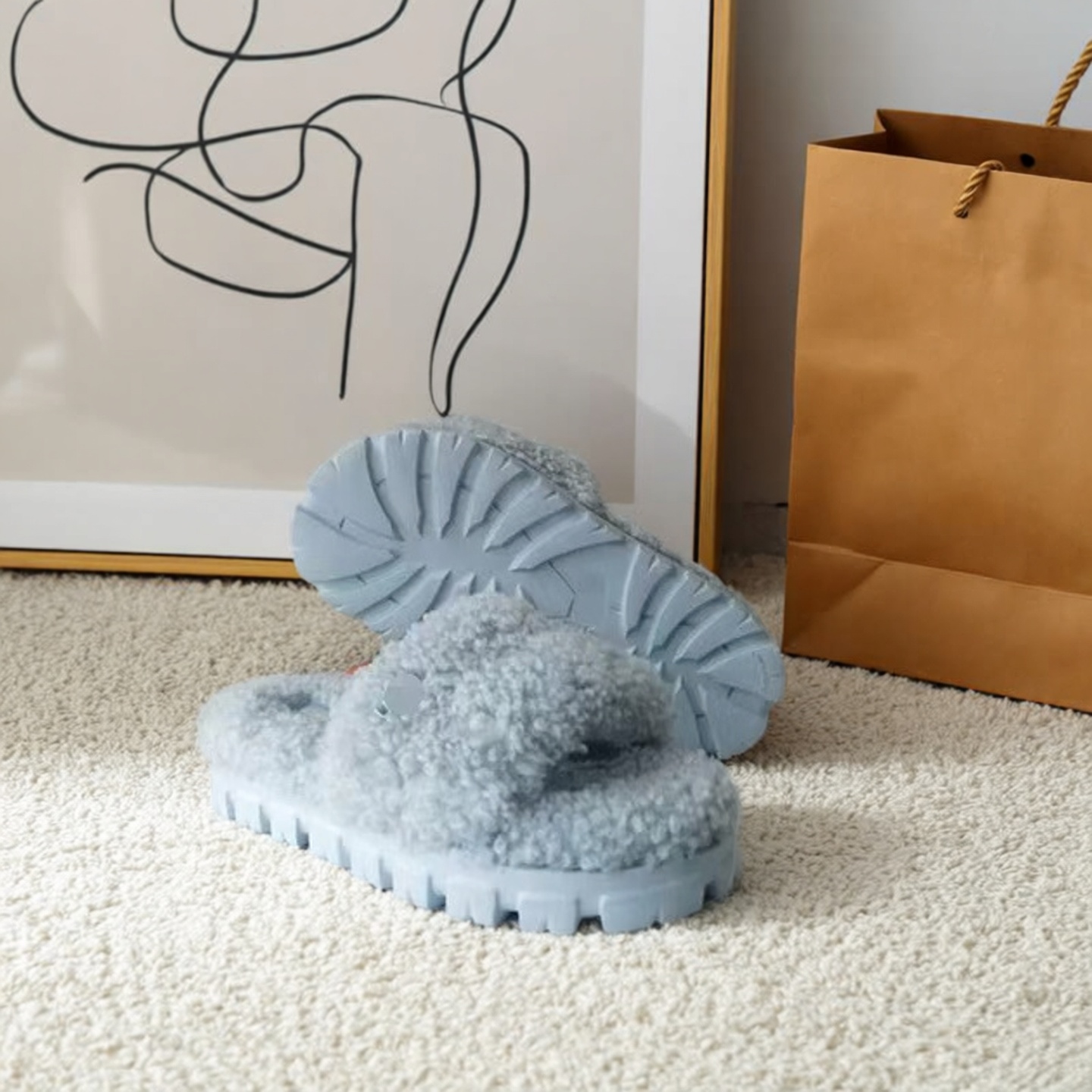 【秀履】悠骥冬季中跟厚底卷羊毛时尚休闲女士拖鞋居家便鞋 9M/40