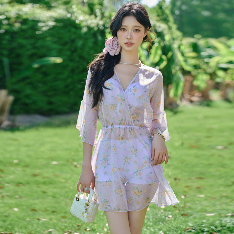 【粉紫渐变】泳衣女保守分体三件套装防晒罩衫显瘦遮肉海边比基尼