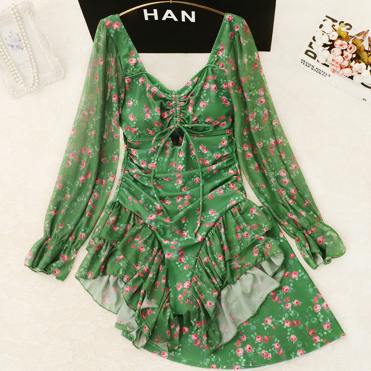 【玫瑰庄园】复古显白两件套带裙遮肚显瘦连体泳衣女泡温泉新款