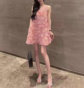 裙子女夏甜美度假别致设计感小众a字裙ins欧根纱立体玫瑰花连衣裙
