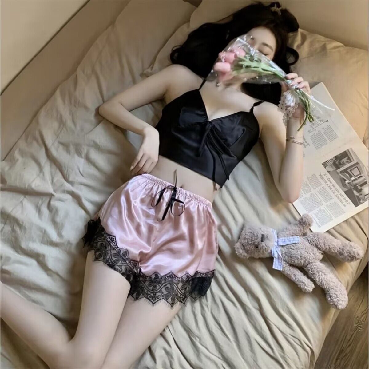 约会甜心~高级性感V领吊带+蕾丝边阔腿短裤+睡袍 氛围感睡衣套装
