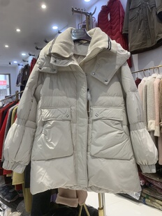 针织拼接羽绒服女中长款双层领咖色连帽宽松白鸭绒超好看冬装外套